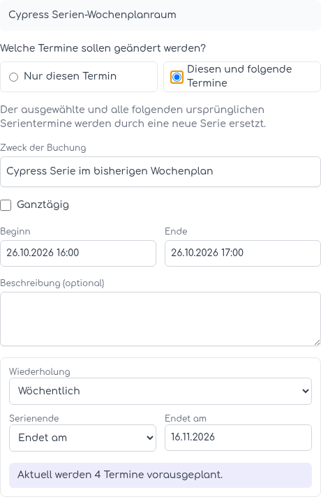 Betroffenen zukünftigen Serienabschnitt vor der Planänderung beenden