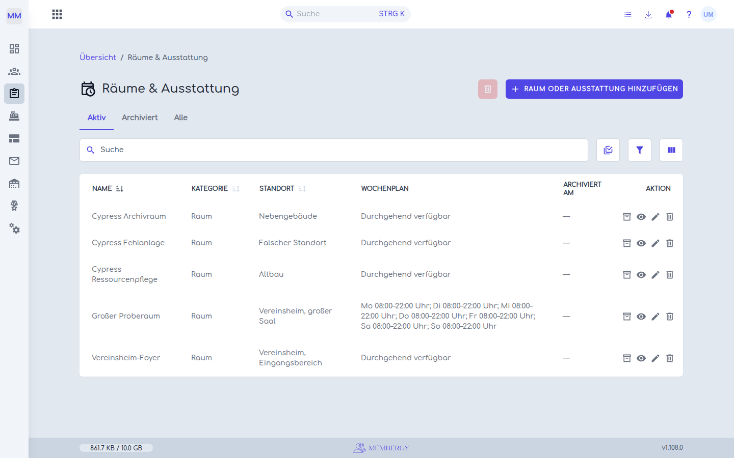 Liste der vorhandenen Räume und Ausstattungen