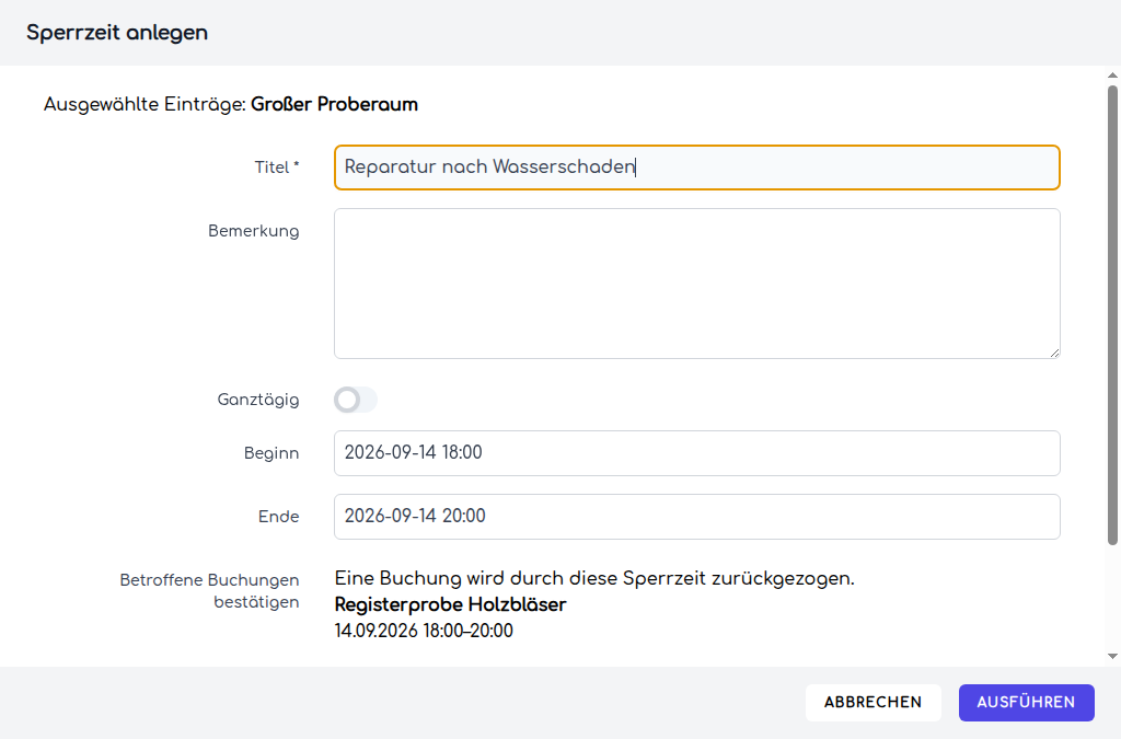 Vorschau der durch eine Sperrzeit betroffenen Buchung